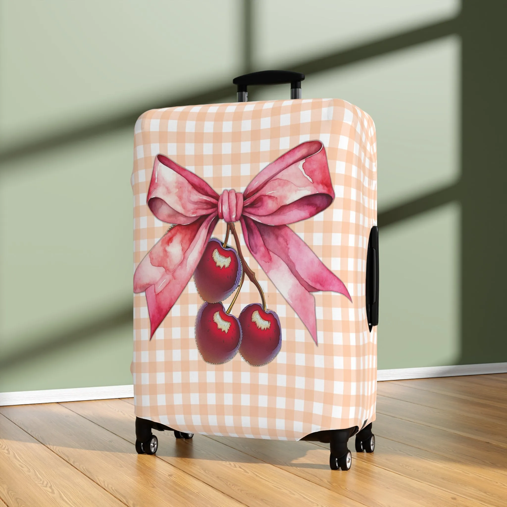 Luggage Cover, Rockabilly, Coquette, Pastel Orange Gingham, Cherries and Ribbon, awd-2510