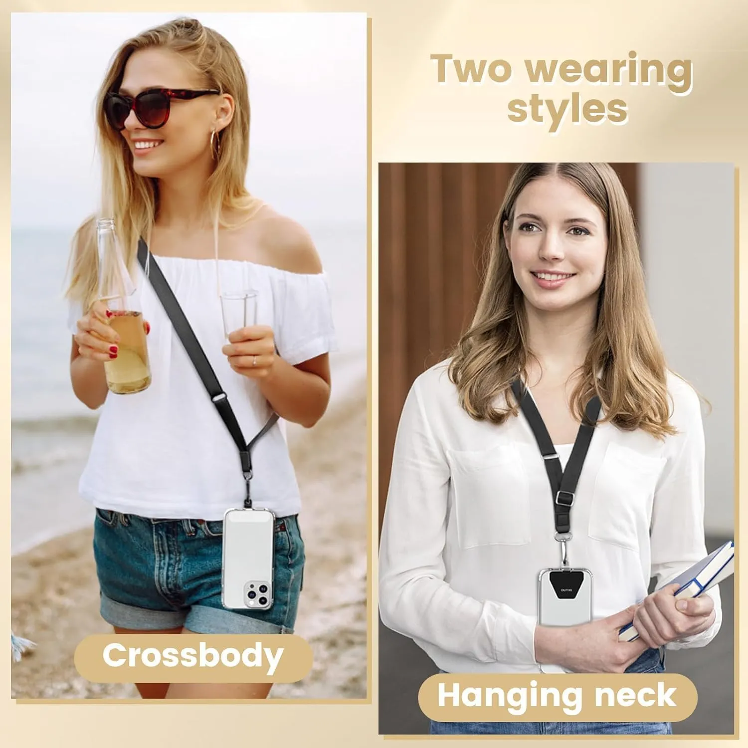 OUTXE Phone Lanyard- 2-Pack Adjustable Neck Strap, 2 Phone Patches & 2 Clear Cellphone Tab, Nylon Cell Phone Lanyard Compatible with All Smartphone (Black)