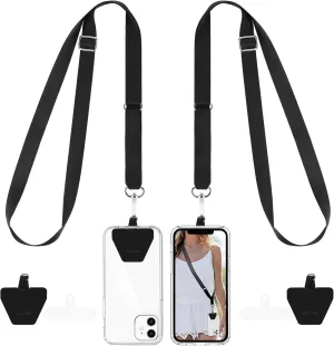 OUTXE Phone Lanyard- 2-Pack Adjustable Neck Strap, 2 Phone Patches & 2 Clear Cellphone Tab, Nylon Cell Phone Lanyard Compatible with All Smartphone (Black)