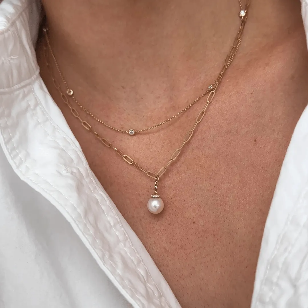 Paper Clip & Diamond Bezel Pearl Pendant