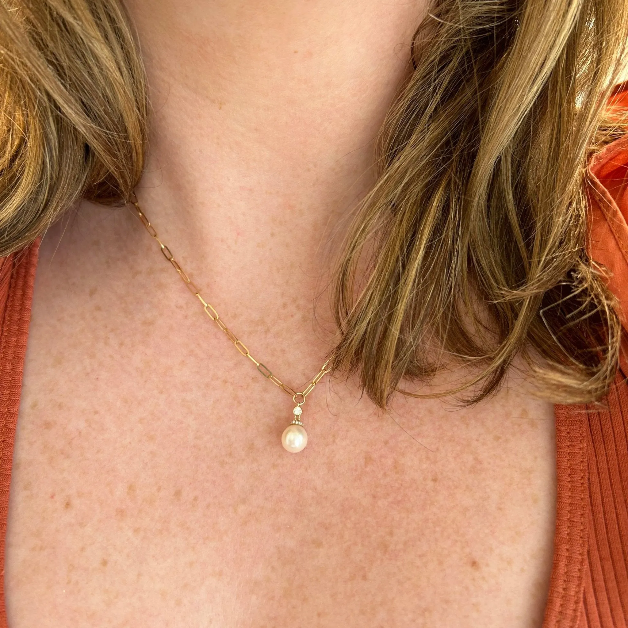 Paper Clip & Diamond Bezel Pearl Pendant