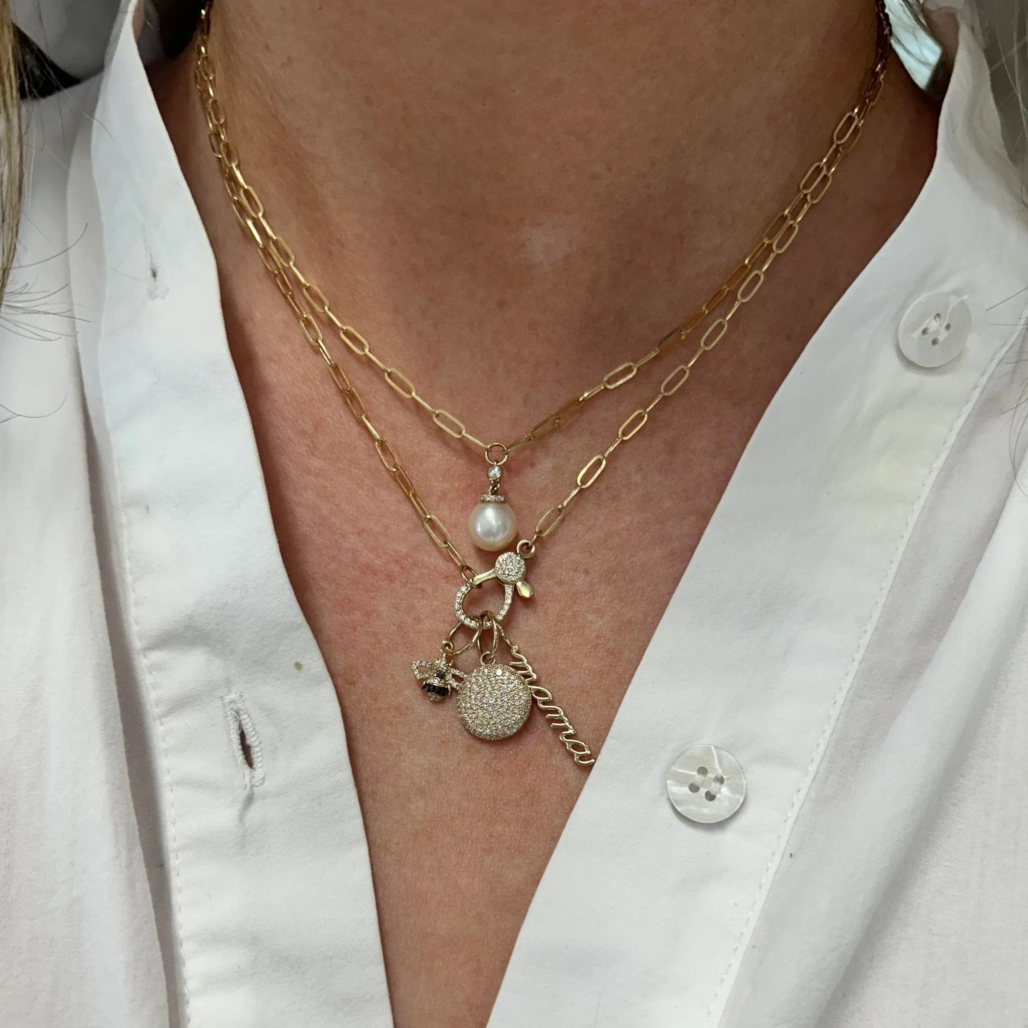 Paper Clip & Diamond Bezel Pearl Pendant