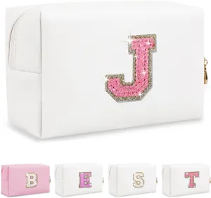 Personalized Initial A-Z Preppy Patch Makeup Bag, Small White PU Leather Cute Glitter Letter Cosmetic Bag with Zipper, Monogram Travel Toiletry Organizer Makeup Case Christmas Gifts for Women Girls,J