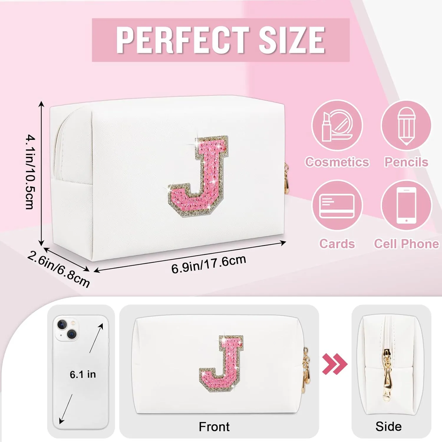 Personalized Initial A-Z Preppy Patch Makeup Bag, Small White PU Leather Cute Glitter Letter Cosmetic Bag with Zipper, Monogram Travel Toiletry Organizer Makeup Case Christmas Gifts for Women Girls,J