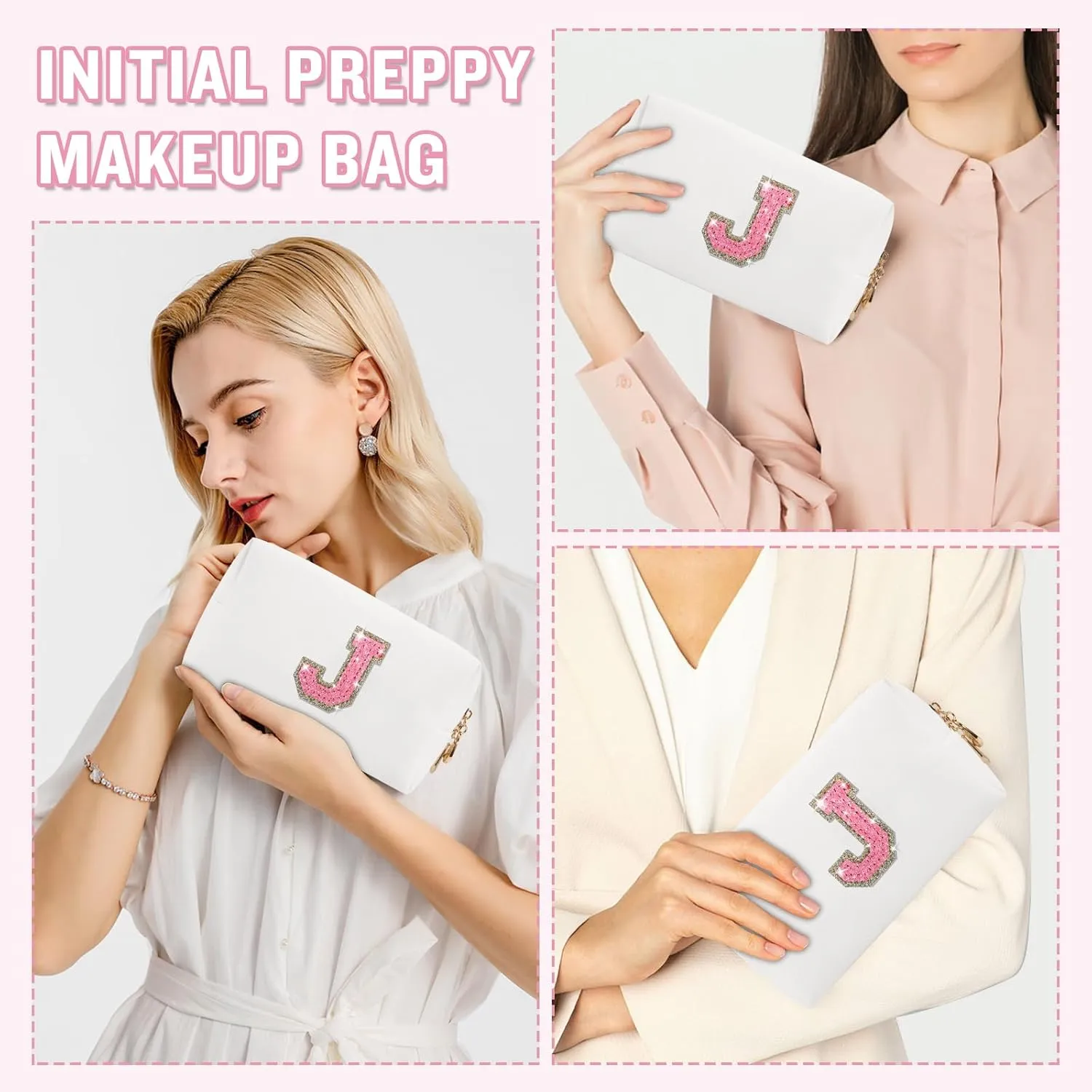 Personalized Initial A-Z Preppy Patch Makeup Bag, Small White PU Leather Cute Glitter Letter Cosmetic Bag with Zipper, Monogram Travel Toiletry Organizer Makeup Case Christmas Gifts for Women Girls,J
