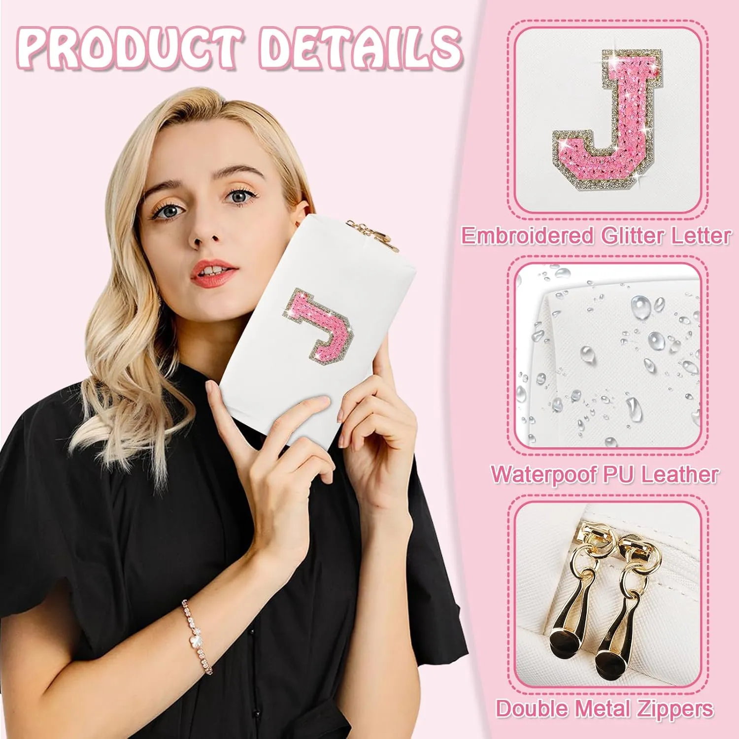 Personalized Initial A-Z Preppy Patch Makeup Bag, Small White PU Leather Cute Glitter Letter Cosmetic Bag with Zipper, Monogram Travel Toiletry Organizer Makeup Case Christmas Gifts for Women Girls,J