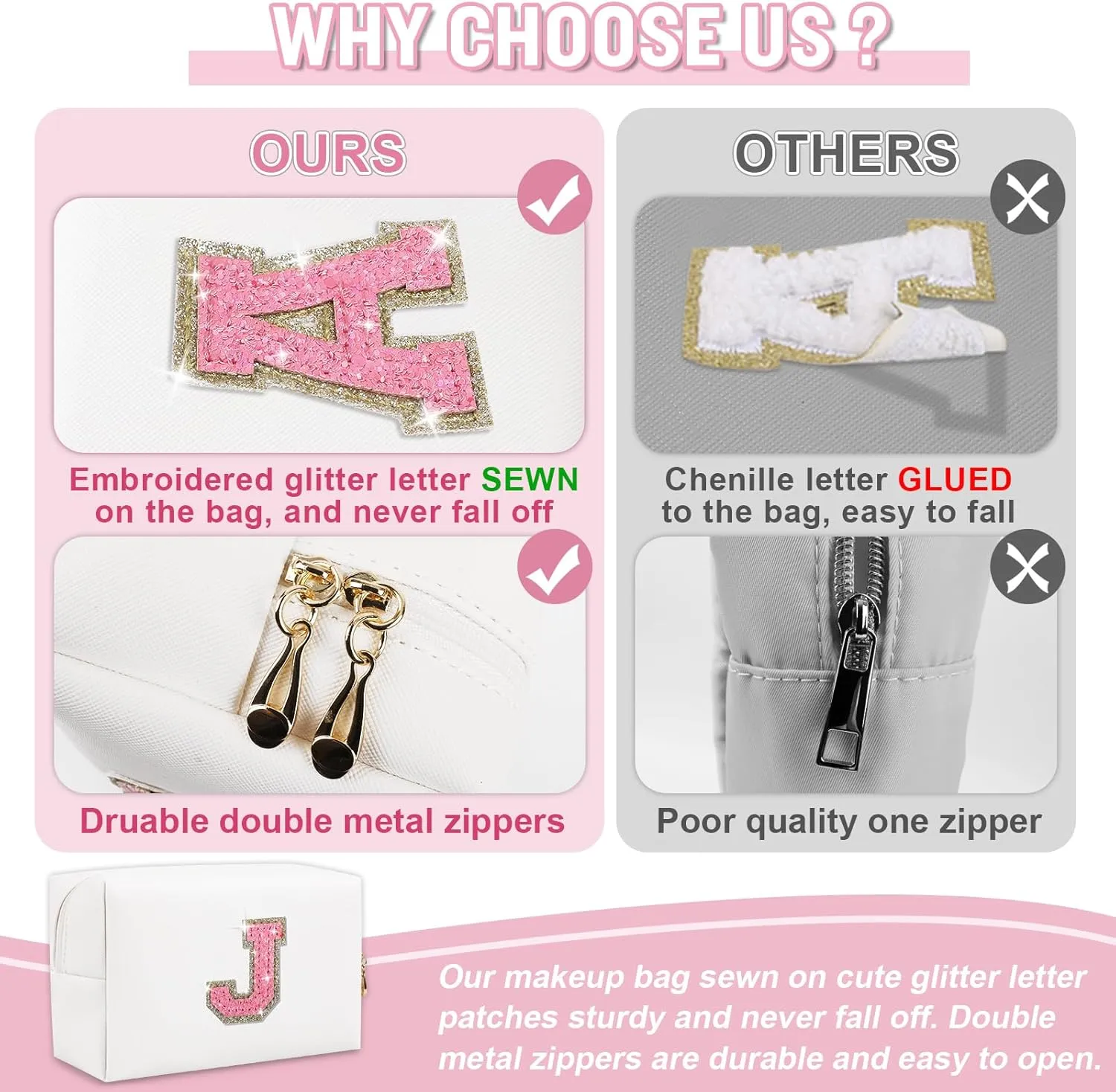Personalized Initial A-Z Preppy Patch Makeup Bag, Small White PU Leather Cute Glitter Letter Cosmetic Bag with Zipper, Monogram Travel Toiletry Organizer Makeup Case Christmas Gifts for Women Girls,J