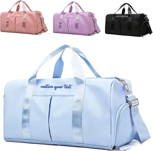 Personalized Initial Duffle Bag Custom Weekender Overnight Bags with Embroidery Name Sports Gym Travel Bags with Wet Dry Pockets Bridal Gift for Women BridesmaidBlue