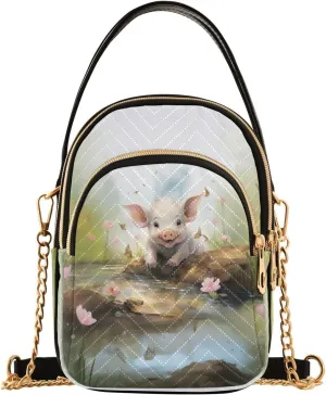 Quilted Crossbody Bags for Women,Pig with Pink Flowers in Creek Women's Crossbody Handbags Small Travel Purses Phone Bag