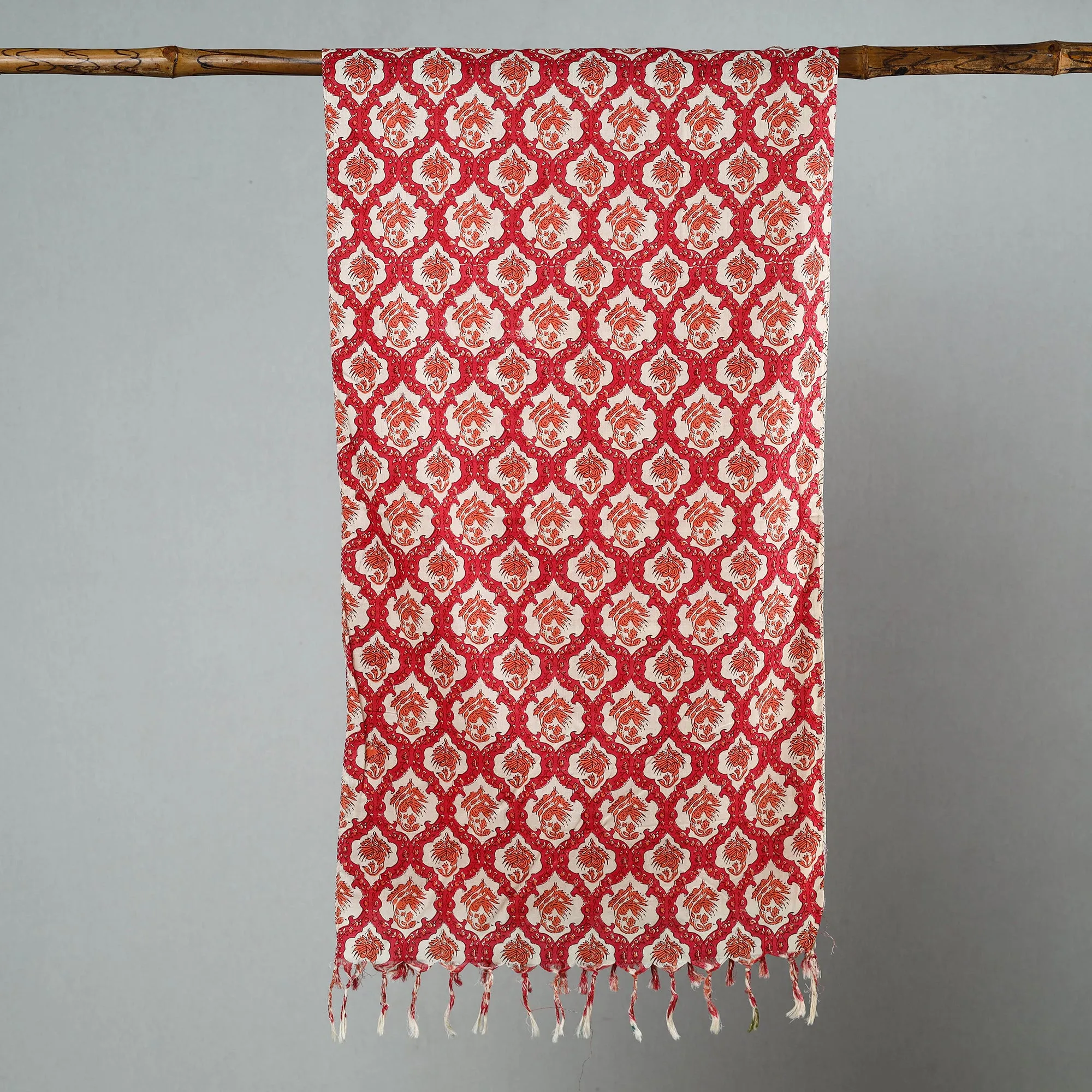 Red - Sanganeri Block Printed Cotton Stole with Tassels 234