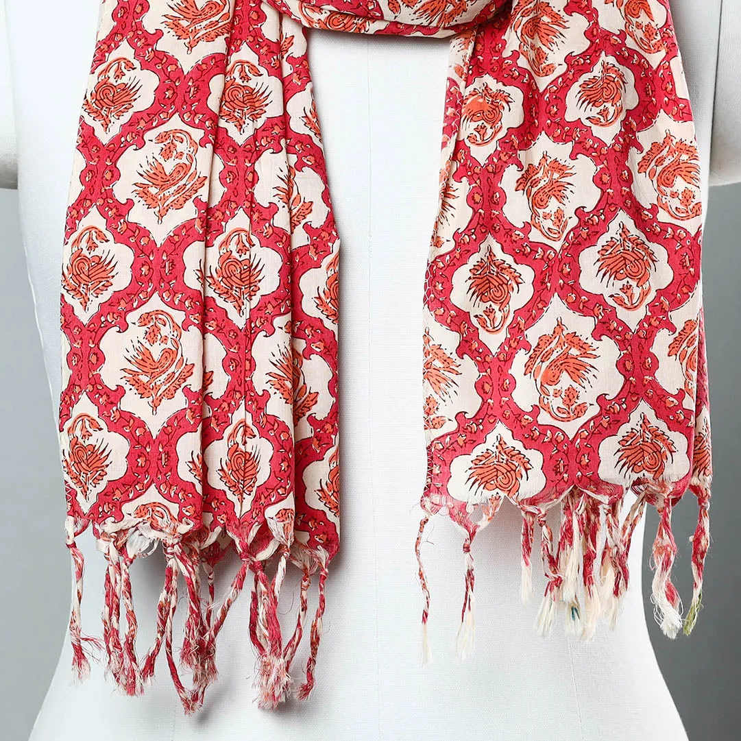 Red - Sanganeri Block Printed Cotton Stole with Tassels 234