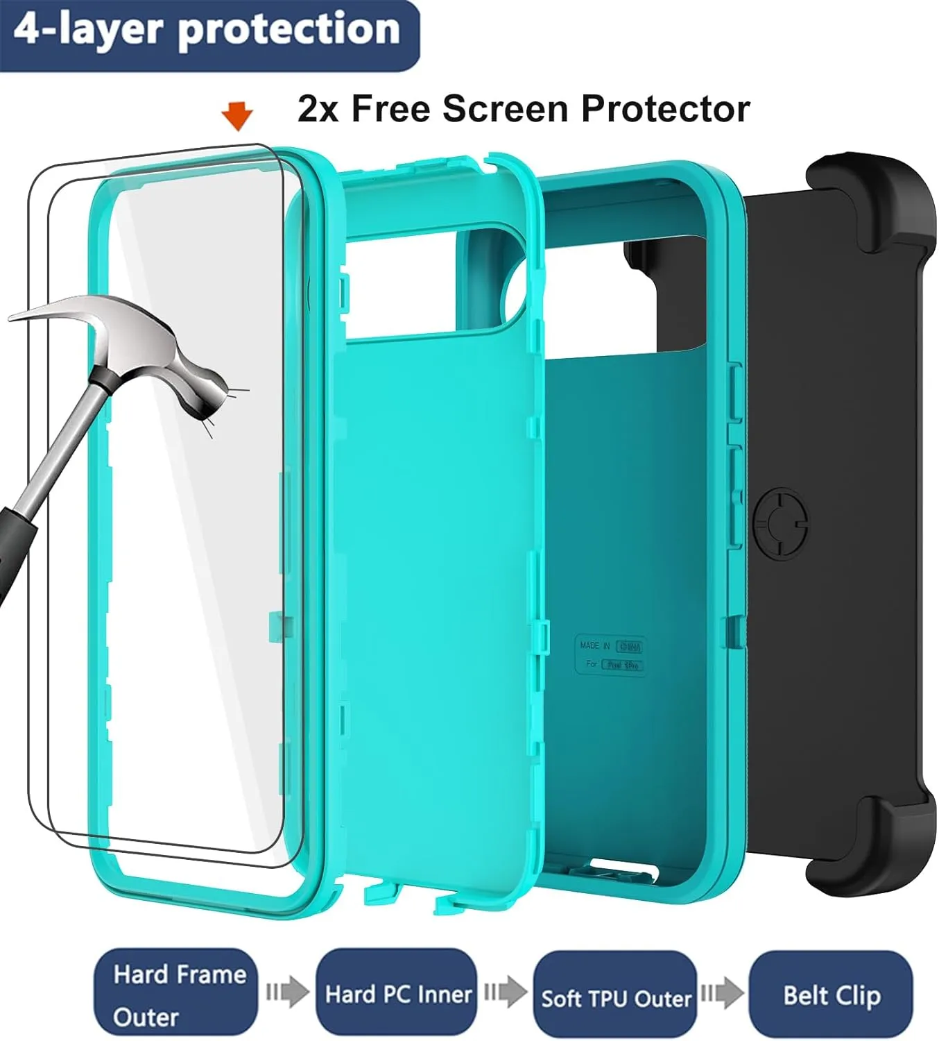 RubCase for Google Pixel 9 Pro XL Case with Belt Clip Holster, 2X Screen Protector, Heavy Duty Military Grade Full Body Shockproof Dust-Proof Rugged Protective Cover for Pixel 9 Pro XL
