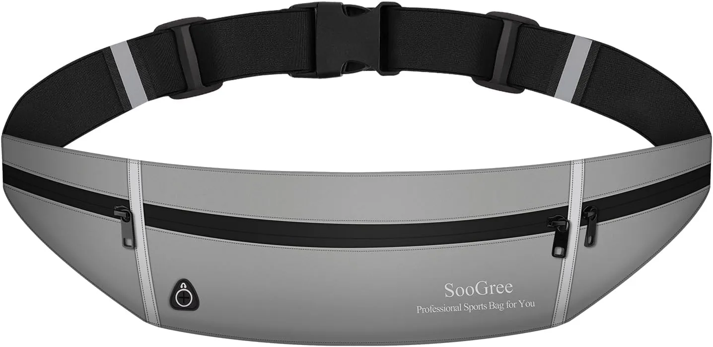 Slim Running Belt Sport Fanny Pack for Women Men,Outdoor Reflective Waist Pack Runner Pouch Belt, Zipper Waterproof Running Phone Holder Jogging Pouch for Phone Money Belt Waist Bag (Gray)