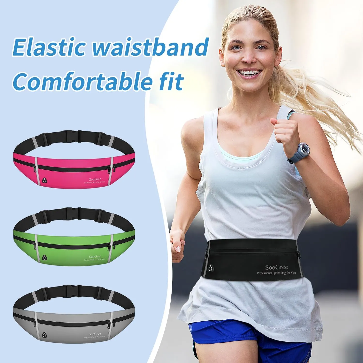 Slim Running Belt Sport Fanny Pack for Women Men,Outdoor Reflective Waist Pack Runner Pouch Belt, Zipper Waterproof Running Phone Holder Jogging Pouch for Phone Money Belt Waist Bag (Gray)