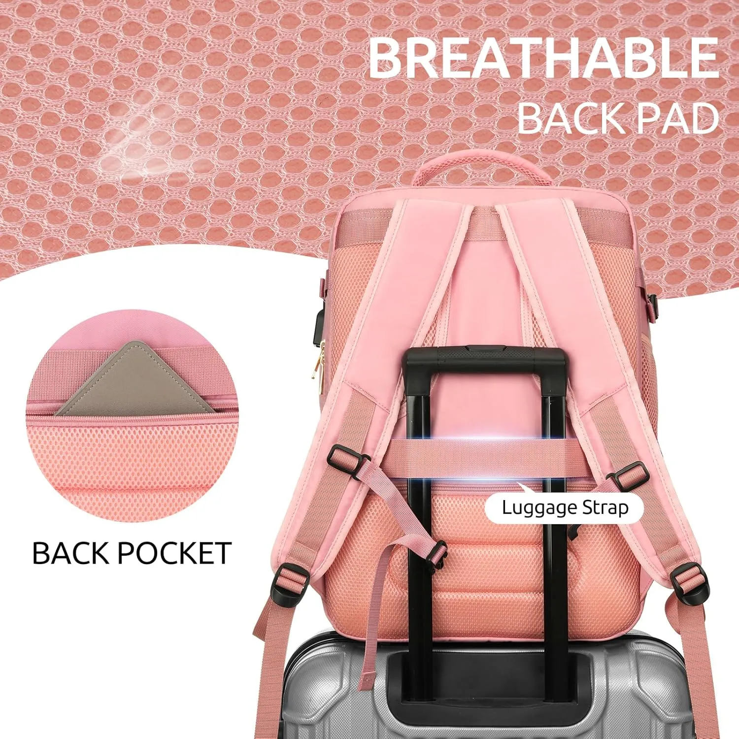 Travel Backpack for Women, Carry On Backpack for Airplanes Flight Approved, Waterproof Large Weekender Overnight Bag Fit 17 Inch Laptop with USB Charging Port, Pink