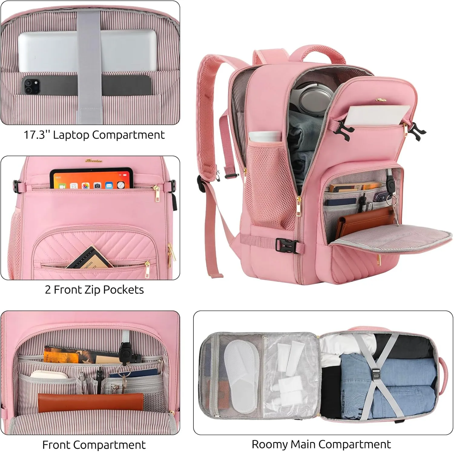Travel Backpack for Women, Carry On Backpack for Airplanes Flight Approved, Waterproof Large Weekender Overnight Bag Fit 17 Inch Laptop with USB Charging Port, Pink