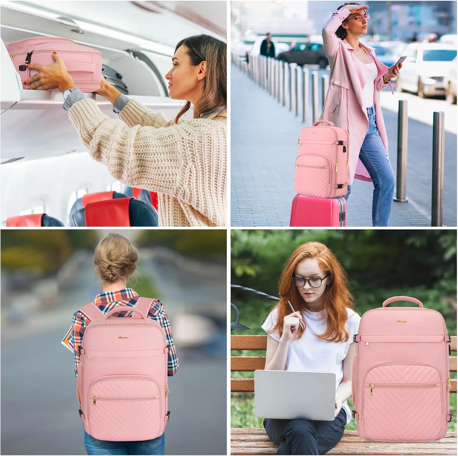Travel Backpack for Women, Carry On Backpack for Airplanes Flight Approved, Waterproof Large Weekender Overnight Bag Fit 17 Inch Laptop with USB Charging Port, Pink