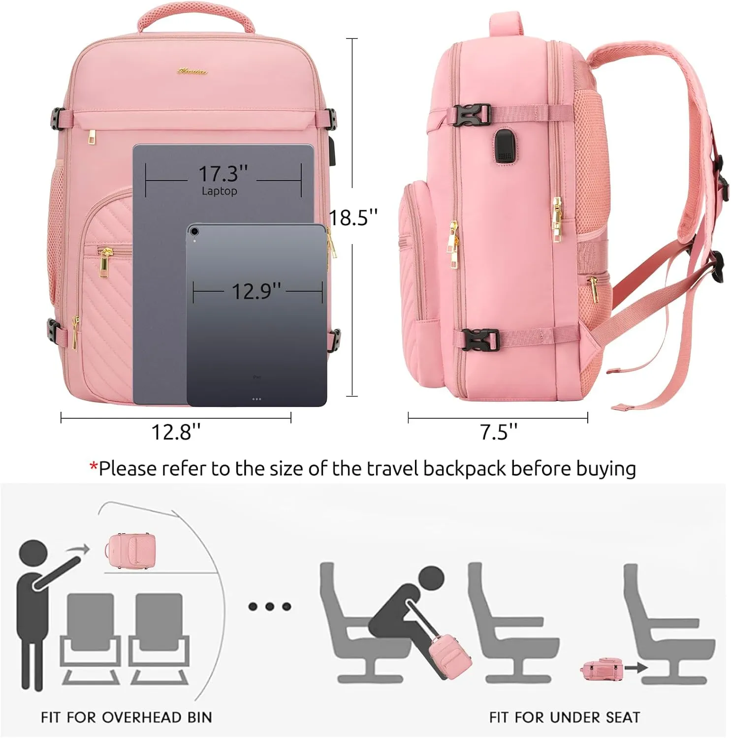 Travel Backpack for Women, Carry On Backpack for Airplanes Flight Approved, Waterproof Large Weekender Overnight Bag Fit 17 Inch Laptop with USB Charging Port, Pink