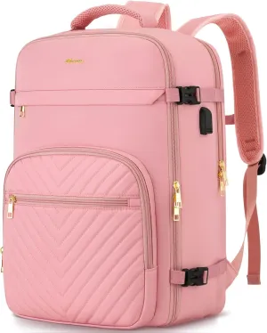 Travel Backpack for Women, Carry On Backpack for Airplanes Flight Approved, Waterproof Large Weekender Overnight Bag Fit 17 Inch Laptop with USB Charging Port, Pink