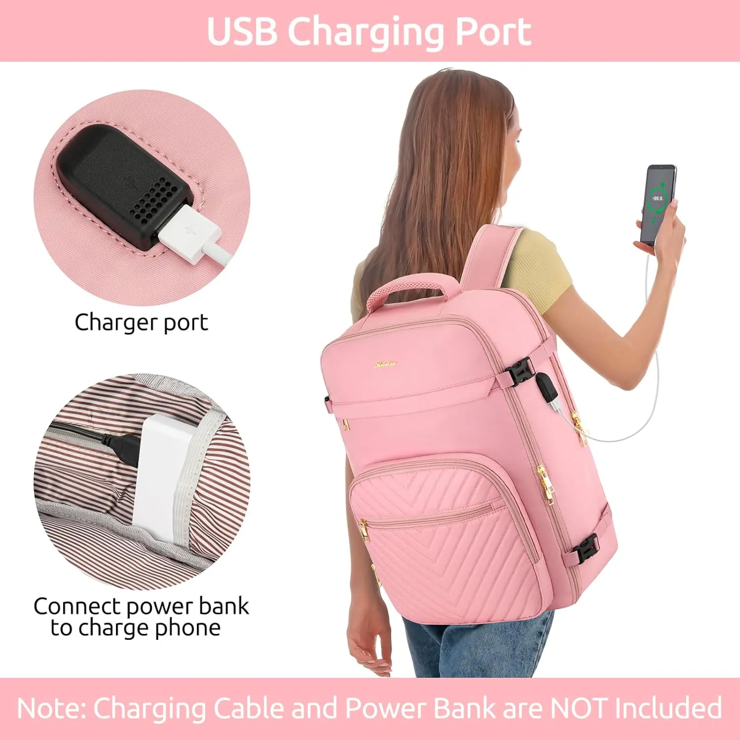 Travel Backpack for Women, Carry On Backpack for Airplanes Flight Approved, Waterproof Large Weekender Overnight Bag Fit 17 Inch Laptop with USB Charging Port, Pink