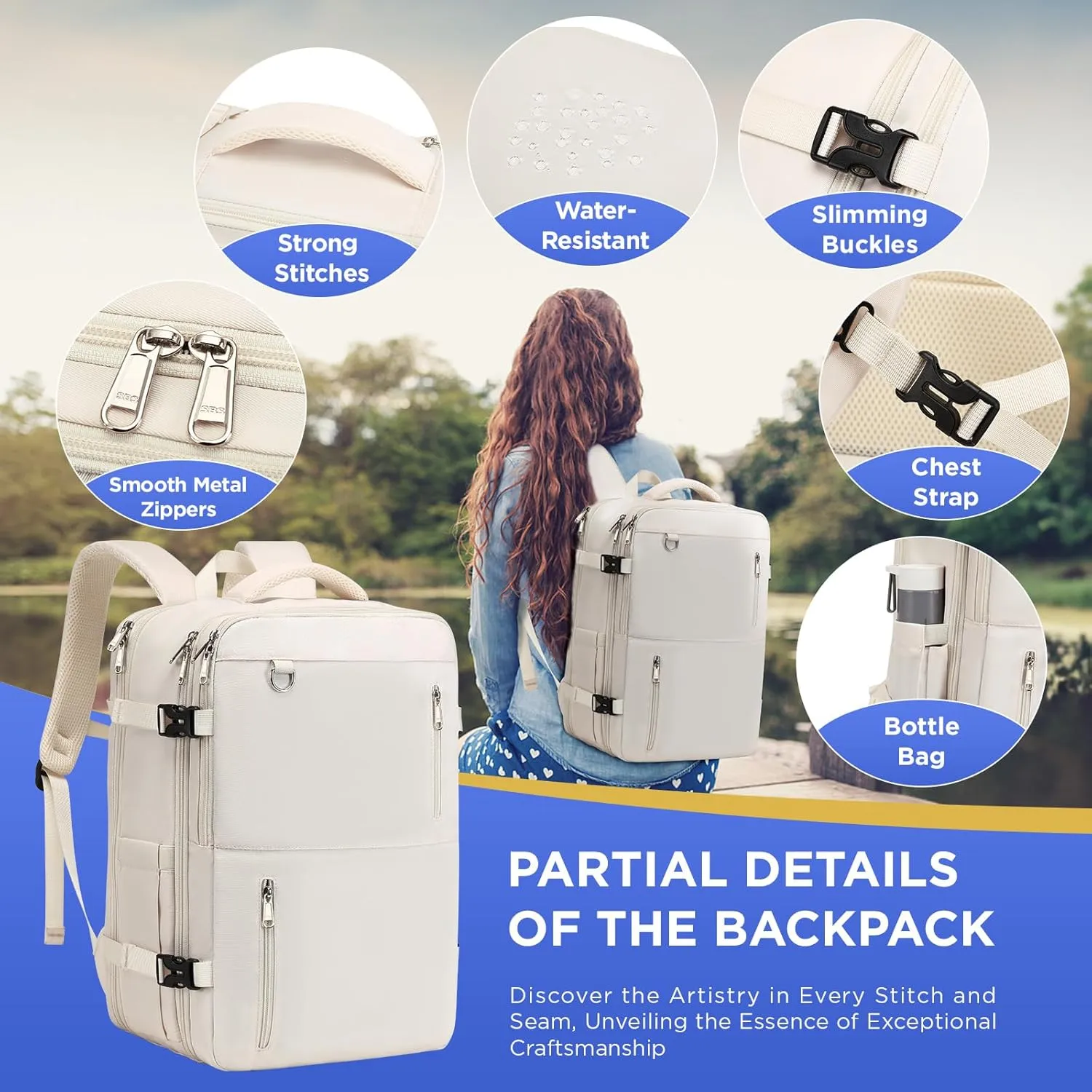 Travel Backpack for Women Men, Large Hand Luggage Backpack, Expandable Hand Luggage Bag, 17'' Laptop Backpack for Outdoor Hiking Business Trip, Beige