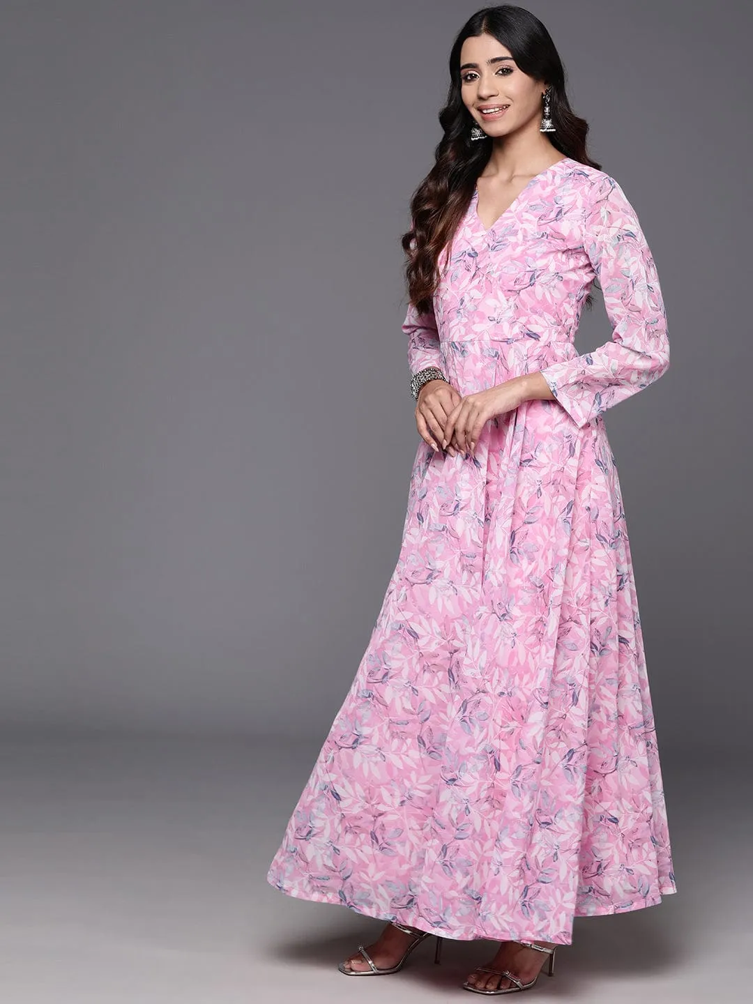 Varanga Women Pink Floral Printed Angarakha Style Anarkali Kurta Paired With Dupatta