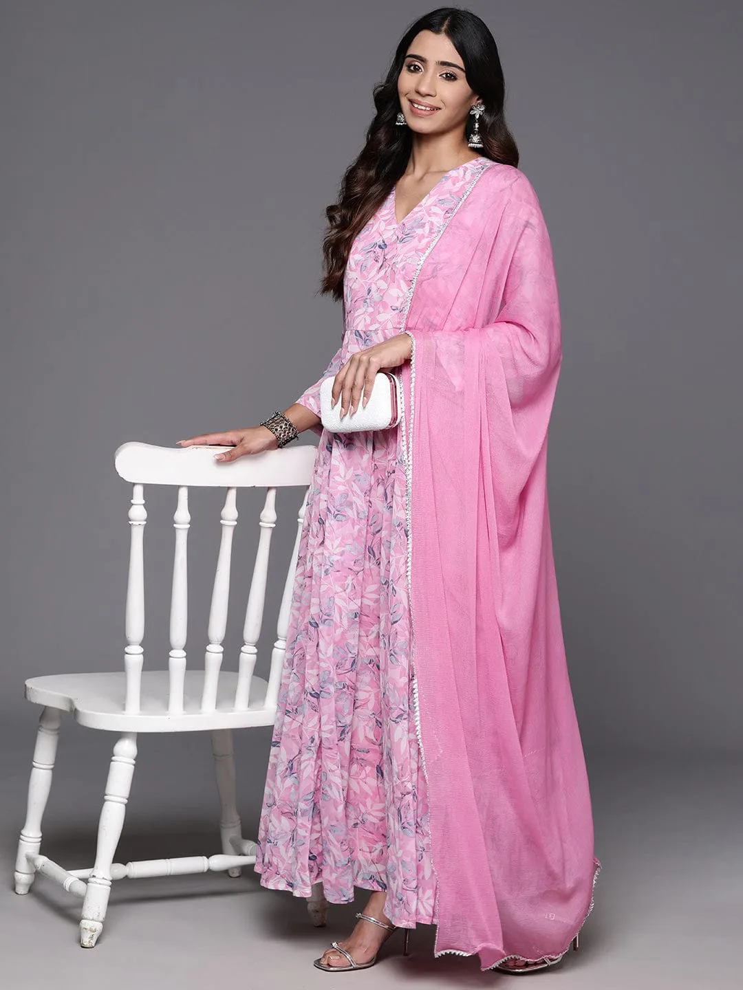 Varanga Women Pink Floral Printed Angarakha Style Anarkali Kurta Paired With Dupatta