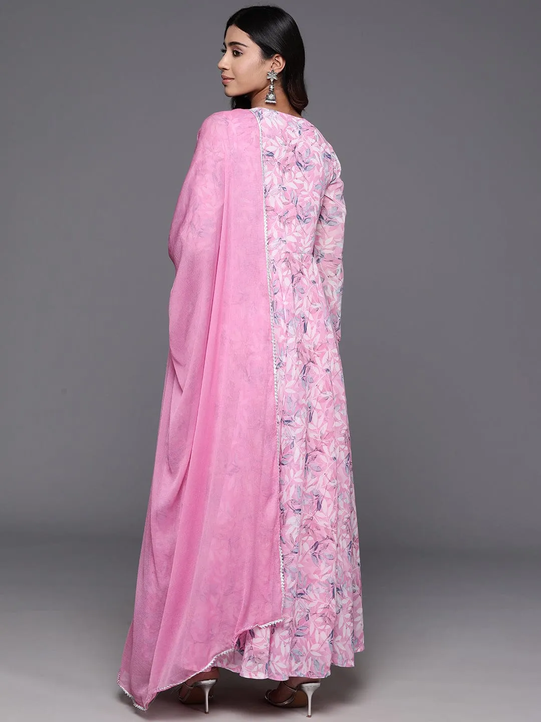 Varanga Women Pink Floral Printed Angarakha Style Anarkali Kurta Paired With Dupatta