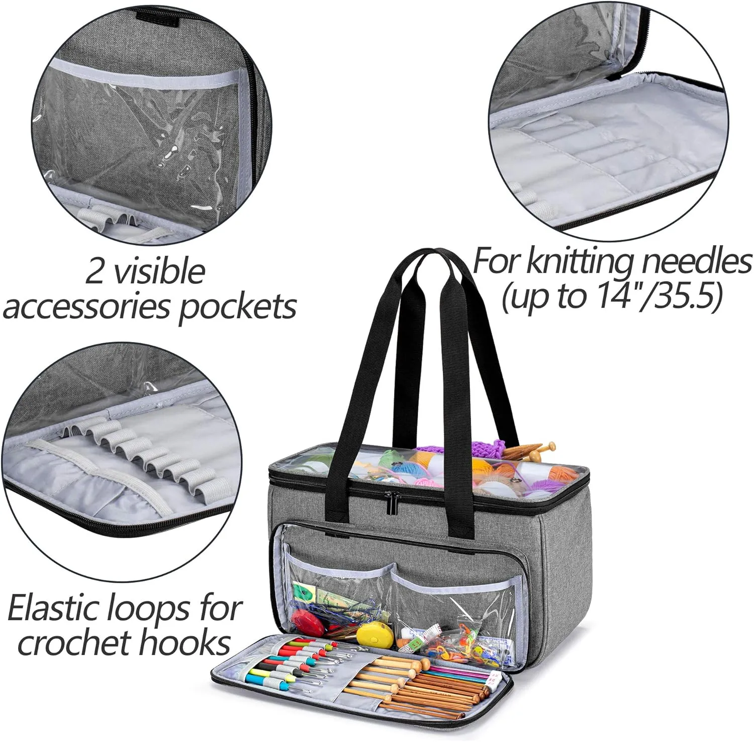Yarwo Knitting Yarn Bag, Crochet Tote with Pocket for WIP projects, Knitting Needles(Up to 14) and Skeins of Yarn, Gray with Arrow (Bag Only)