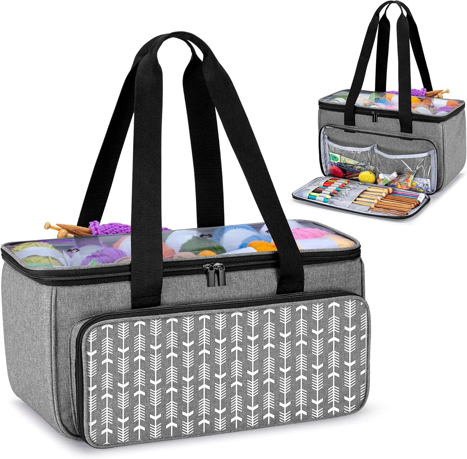 Yarwo Knitting Yarn Bag, Crochet Tote with Pocket for WIP projects, Knitting Needles(Up to 14) and Skeins of Yarn, Gray with Arrow (Bag Only)