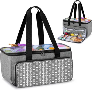 Yarwo Knitting Yarn Bag, Crochet Tote with Pocket for WIP projects, Knitting Needles(Up to 14) and Skeins of Yarn, Gray with Arrow (Bag Only)