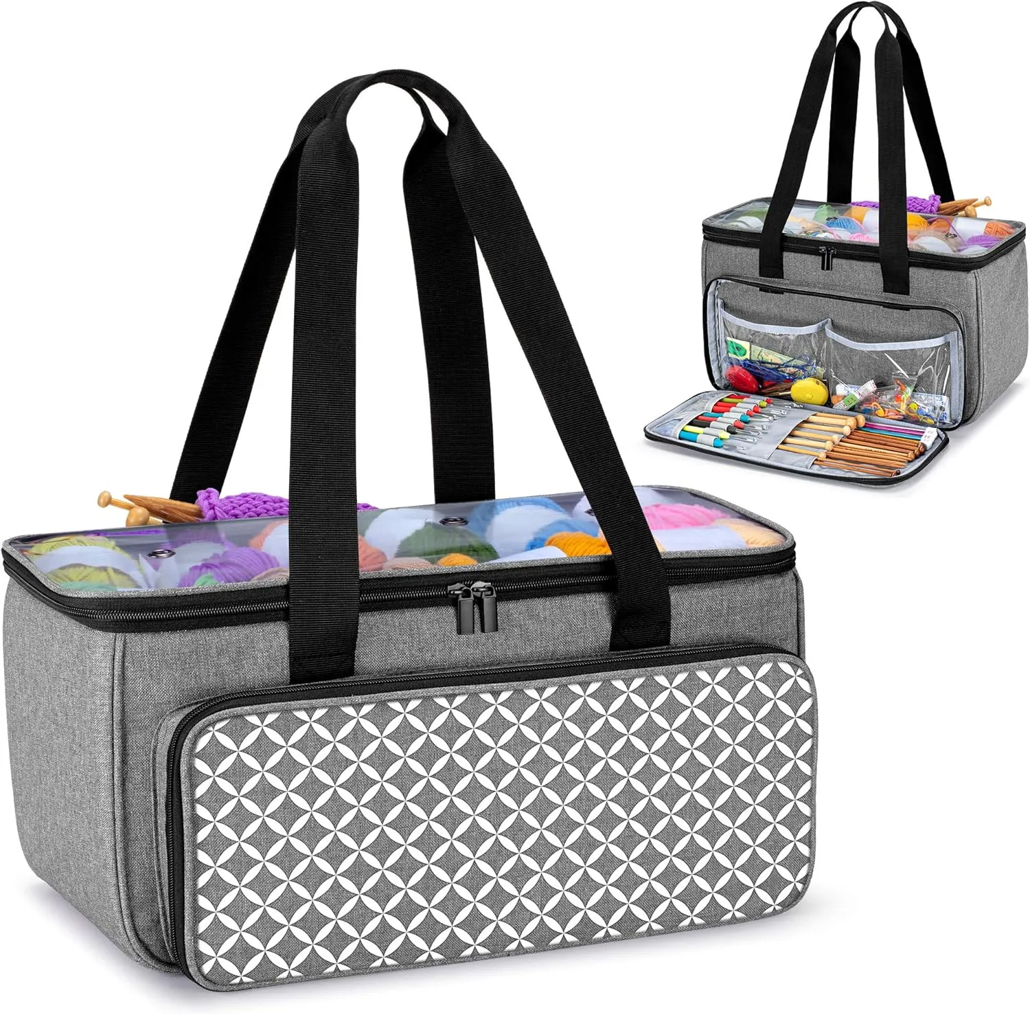 Yarwo Knitting Yarn Bag, Crochet Tote with Pocket for WIP projects, Knitting Needles(Up to 14) and Skeins of Yarn, Gray with Grid (Bag Only)