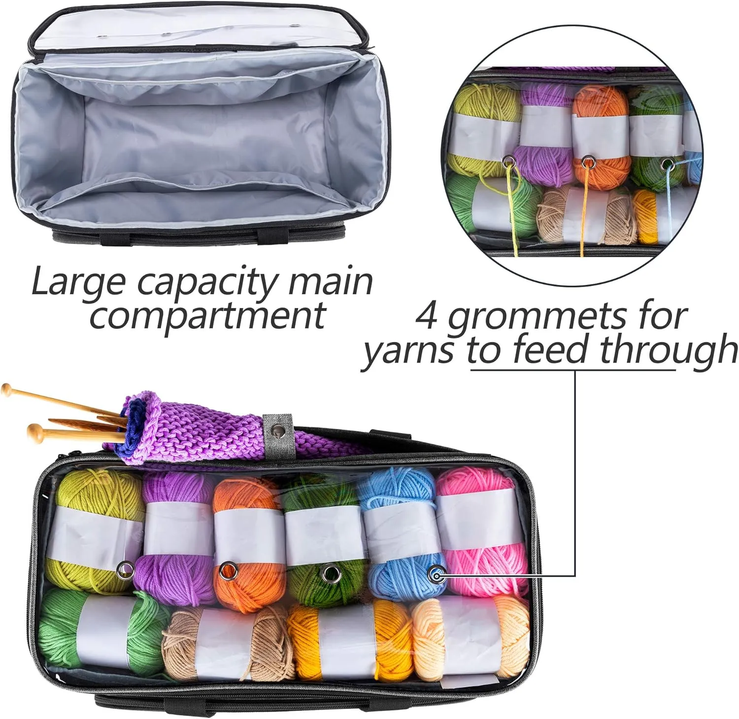 Yarwo Knitting Yarn Bag, Crochet Tote with Pocket for WIP projects, Knitting Needles(Up to 14) and Skeins of Yarn, Gray with Grid (Bag Only)