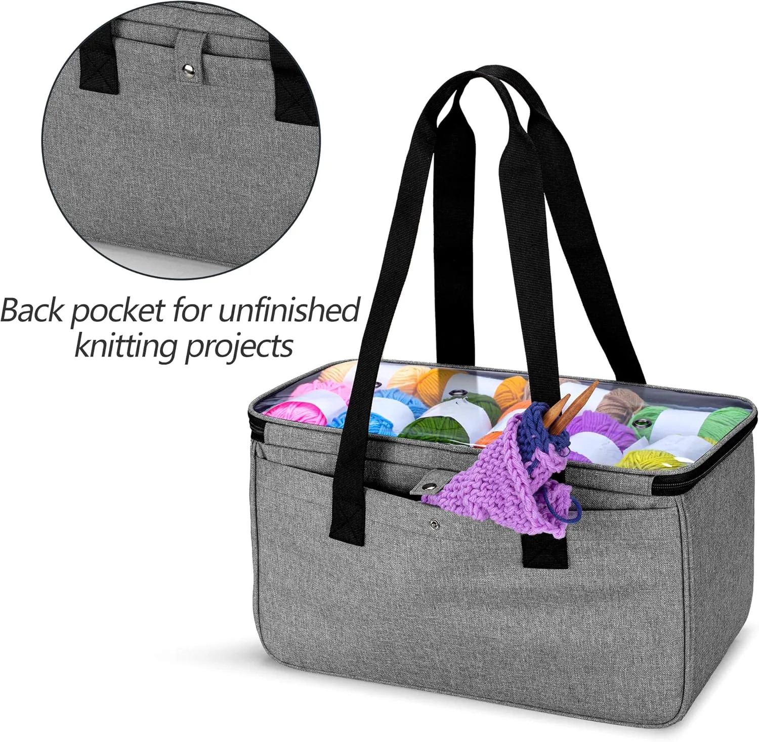 Yarwo Knitting Yarn Bag, Crochet Tote with Pocket for WIP projects, Knitting Needles(Up to 14) and Skeins of Yarn, Gray with Grid (Bag Only)