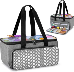 Yarwo Knitting Yarn Bag, Crochet Tote with Pocket for WIP projects, Knitting Needles(Up to 14) and Skeins of Yarn, Gray with Grid (Bag Only)