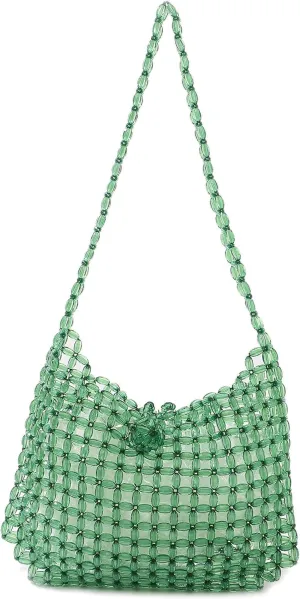 YIFEI Women Green Colored Transparent Beaded Acrylic Shoulderbag Evening Handmade Crossbody Bags